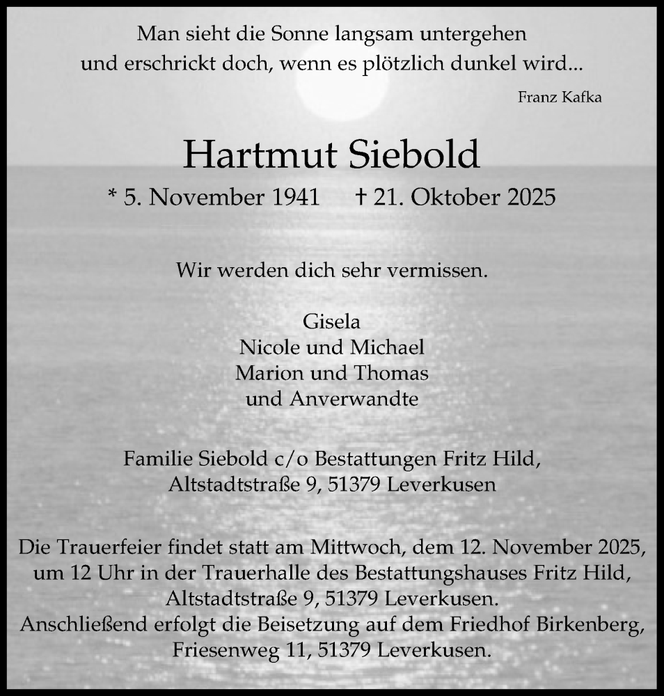  Traueranzeige für Hartmut Siebold vom 01.11.2025 aus Kölner Stadt-Anzeiger / Kölnische Rundschau / Express