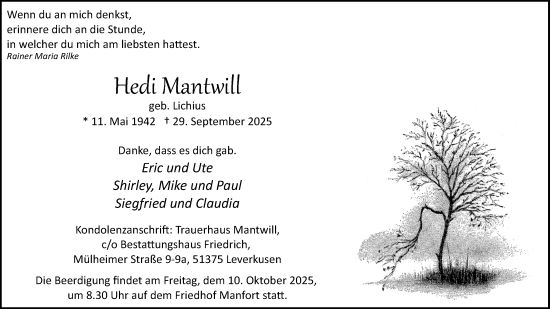 Anzeige von Hedi Mantwill von Kölner Stadt-Anzeiger / Kölnische Rundschau / Express