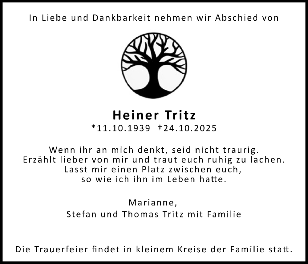  Traueranzeige für Heiner Tritz vom 01.11.2025 aus Kölner Stadt-Anzeiger / Kölnische Rundschau / Express