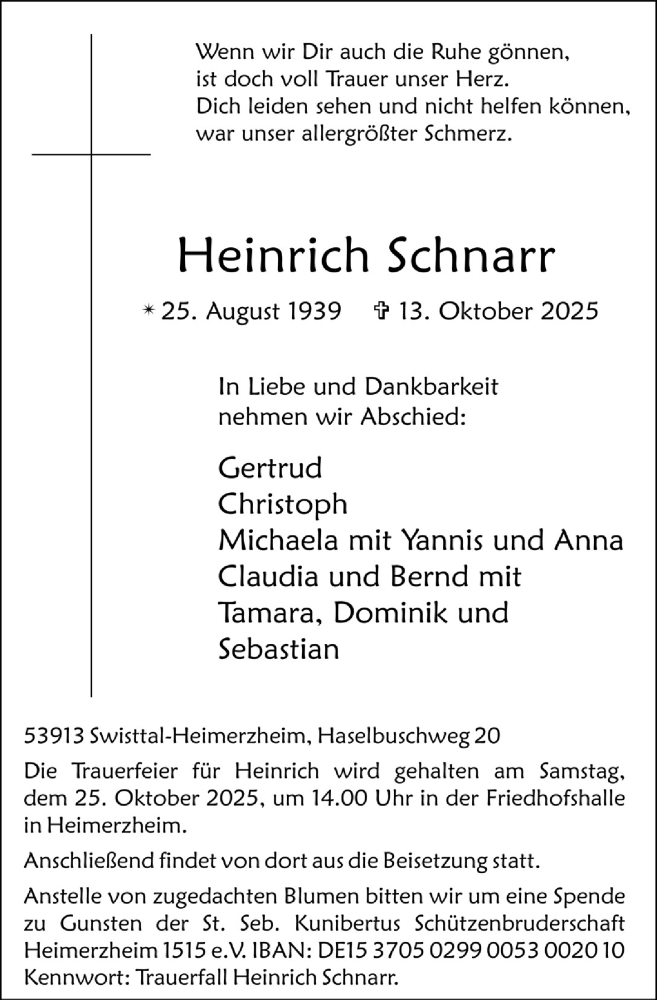  Traueranzeige für Heinrich Schnarr vom 24.10.2025 aus  Schaufenster/Blickpunkt 