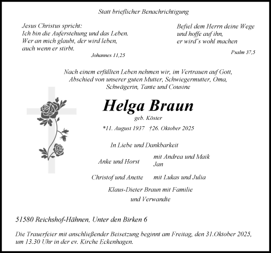 Anzeige von Helga Braun von Kölner Stadt-Anzeiger / Kölnische Rundschau / Express