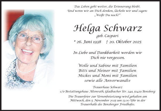 Anzeige von Helga Schwarz von Kölner Stadt-Anzeiger / Kölnische Rundschau / Express