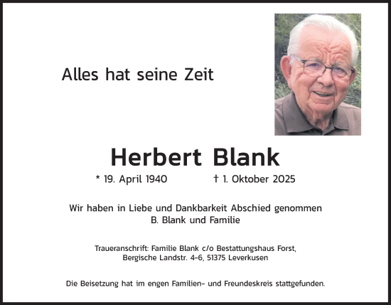 Anzeige von Herbert Blank von Kölner Stadt-Anzeiger / Kölnische Rundschau / Express