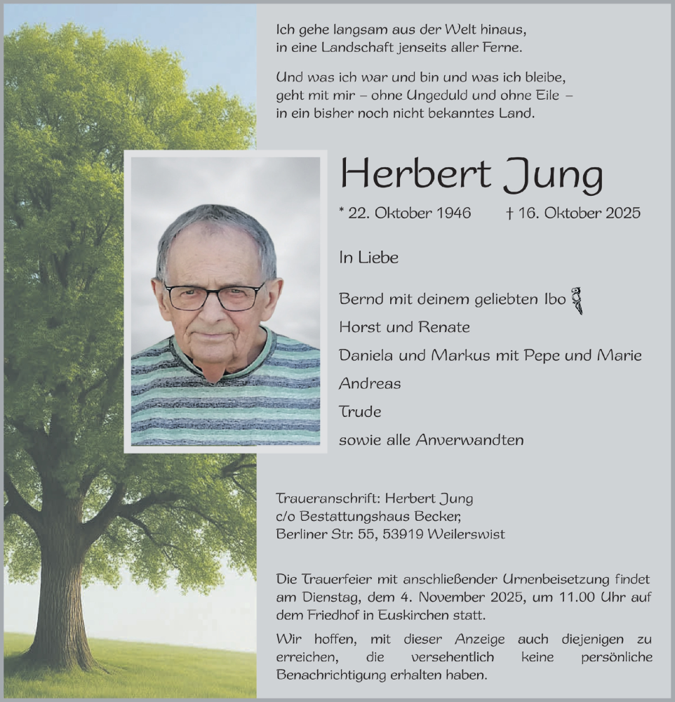  Traueranzeige für Herbert Jung vom 25.10.2025 aus  Blickpunkt Euskirchen 