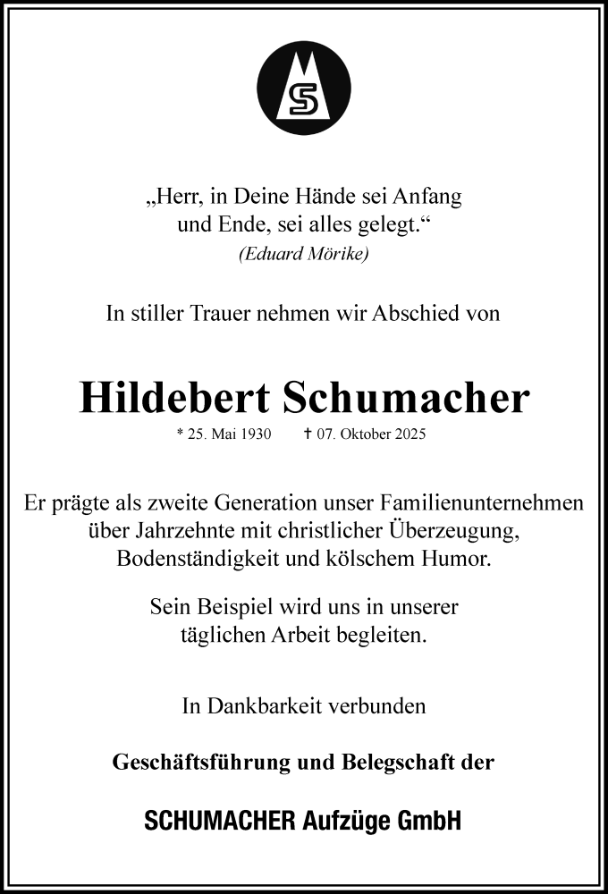  Traueranzeige für Hildebert Schumacher vom 11.10.2025 aus Kölner Stadt-Anzeiger / Kölnische Rundschau / Express