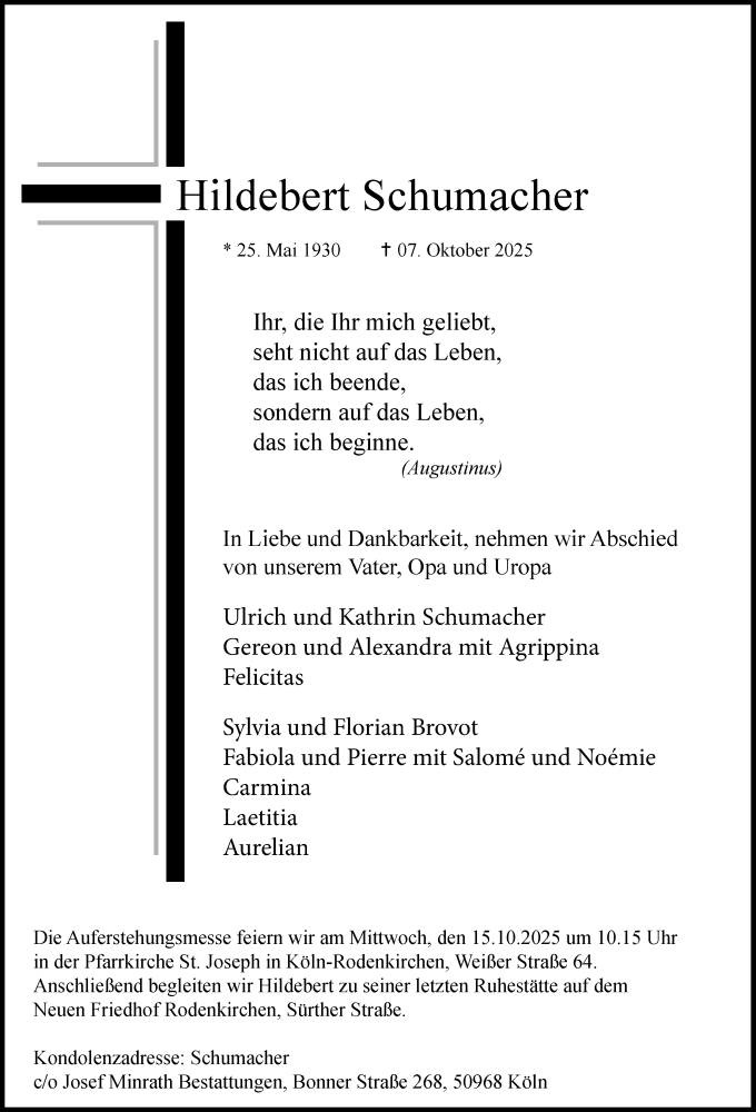  Traueranzeige für Hildebert Schumacher vom 11.10.2025 aus Kölner Stadt-Anzeiger / Kölnische Rundschau / Express