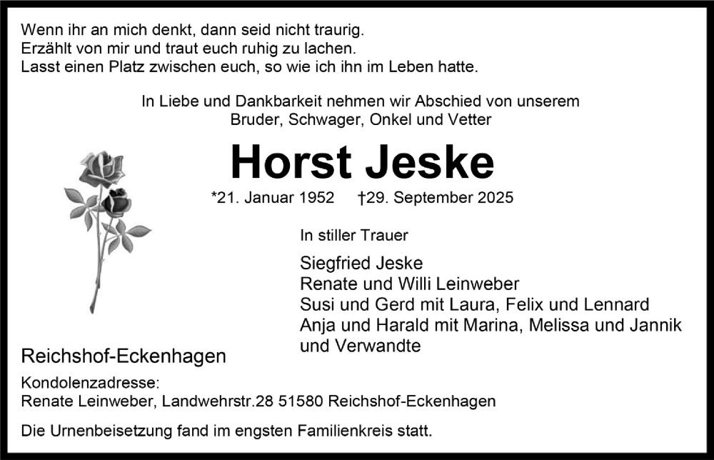  Traueranzeige für Horst Jeske vom 17.10.2025 aus  Anzeigen Echo 