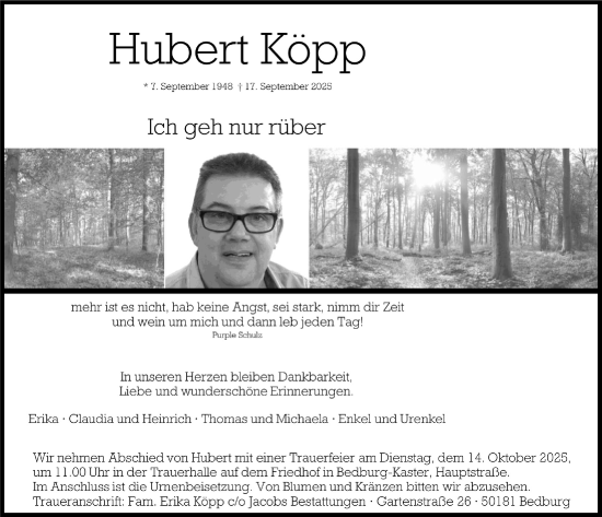 Anzeige von Hubert Köpp von  Werbepost 