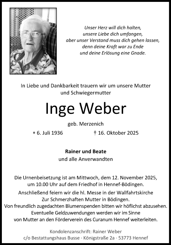 Anzeige von Inge Weber von Kölner Stadt-Anzeiger / Kölnische Rundschau / Express