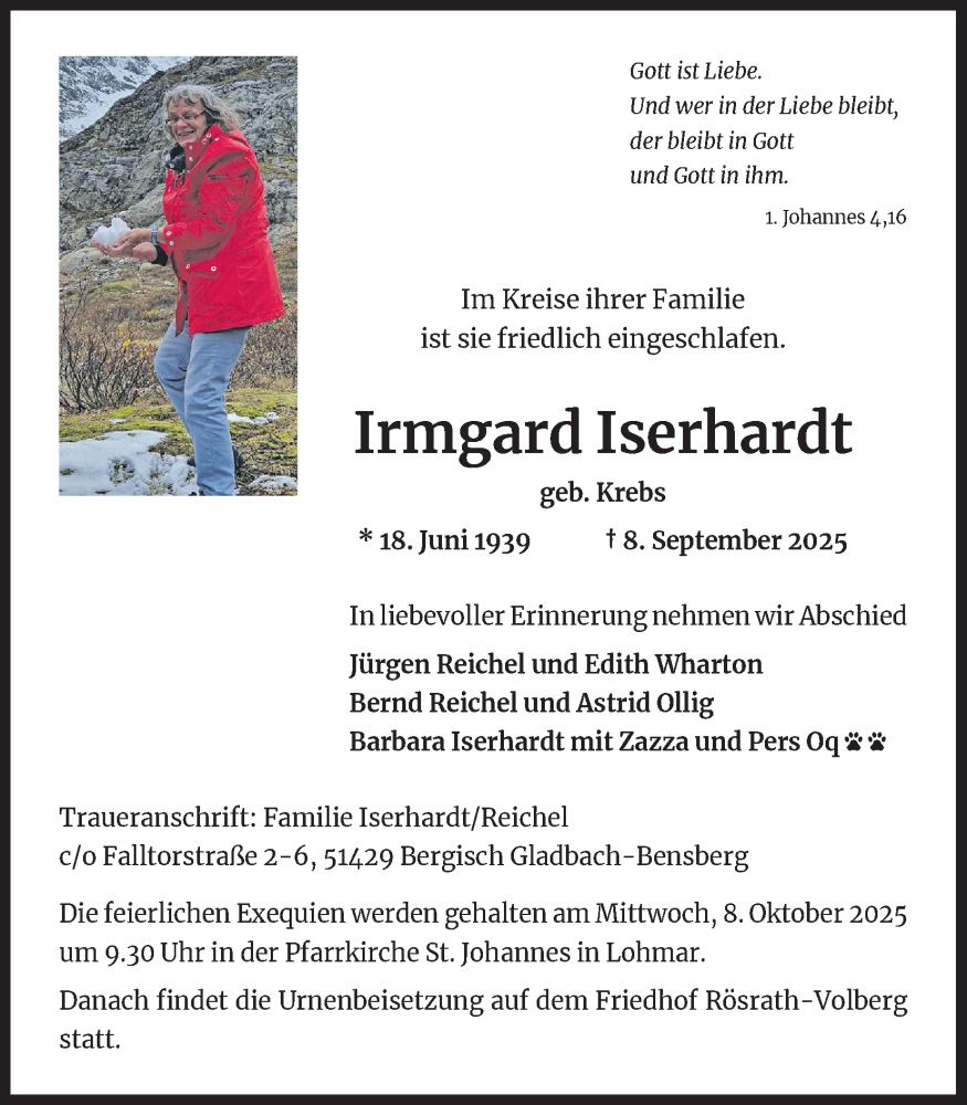  Traueranzeige für Irmgard Iserhardt vom 04.10.2025 aus Kölner Stadt-Anzeiger / Kölnische Rundschau / Express
