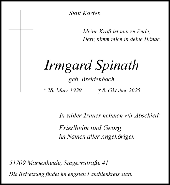 Anzeige von Irmgard Spinath von  Anzeigen Echo 