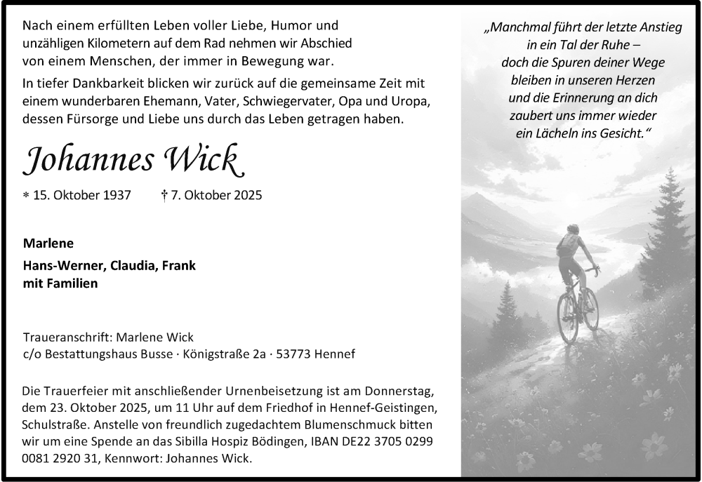  Traueranzeige für Johannes Wick vom 18.10.2025 aus Kölner Stadt-Anzeiger / Kölnische Rundschau / Express