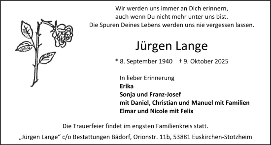 Anzeige von Jürgen Lange von  Blickpunkt Euskirchen 