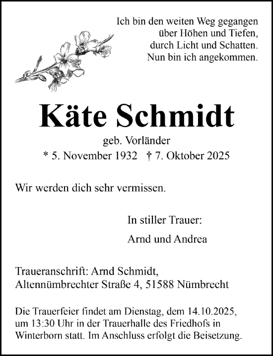 Anzeige von Käte Schmidt von  Lokalanzeiger 