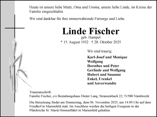 Anzeige von Linde Fischer von Kölner Stadt-Anzeiger / Kölnische Rundschau / Express