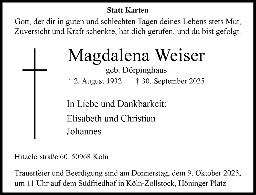  Traueranzeige für Magdalena Weiser vom 04.10.2025 aus Kölner Stadt-Anzeiger / Kölnische Rundschau / Express