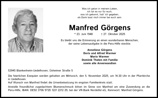 Anzeige von Manfred Görgens von Kölner Stadt-Anzeiger / Kölnische Rundschau / Express
