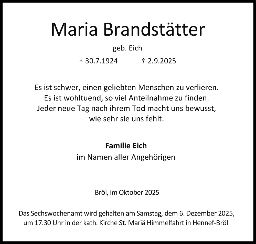  Traueranzeige für Maria Brandstätter vom 25.10.2025 aus Kölner Stadt-Anzeiger / Kölnische Rundschau / Express