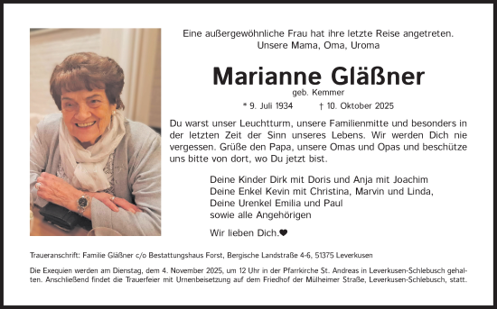 Anzeige von Marianne Gläßner von Kölner Stadt-Anzeiger / Kölnische Rundschau / Express