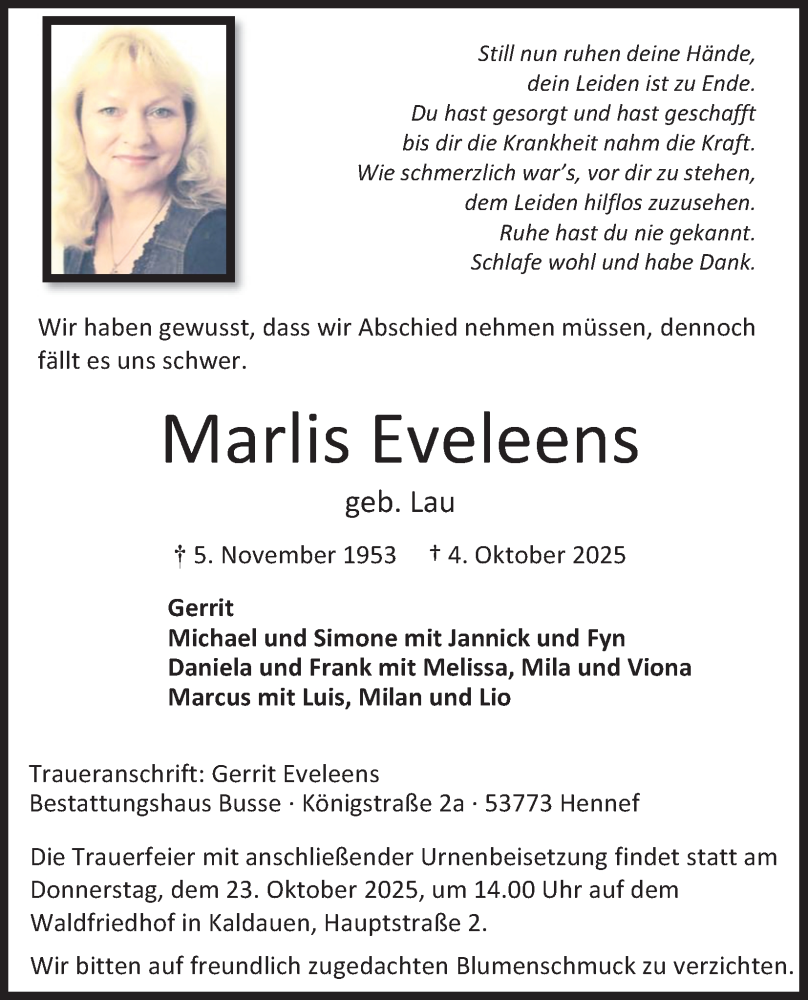  Traueranzeige für Marlis Eveleens vom 11.10.2025 aus Kölner Stadt-Anzeiger / Kölnische Rundschau / Express