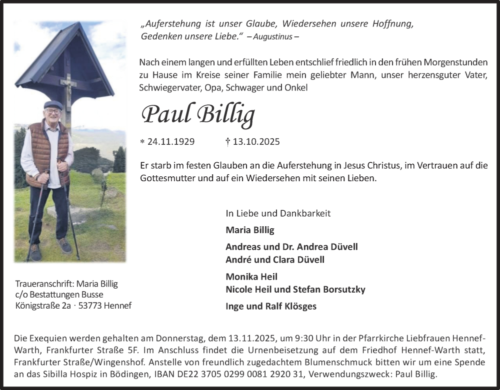  Traueranzeige für Paul Billig vom 25.10.2025 aus Kölner Stadt-Anzeiger / Kölnische Rundschau / Express