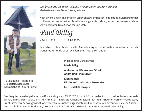 Anzeige von Paul Billig von Kölner Stadt-Anzeiger / Kölnische Rundschau / Express