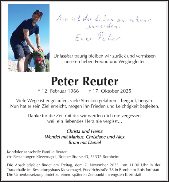 Anzeige von Peter Reuter von  Schaufenster/Blickpunkt 