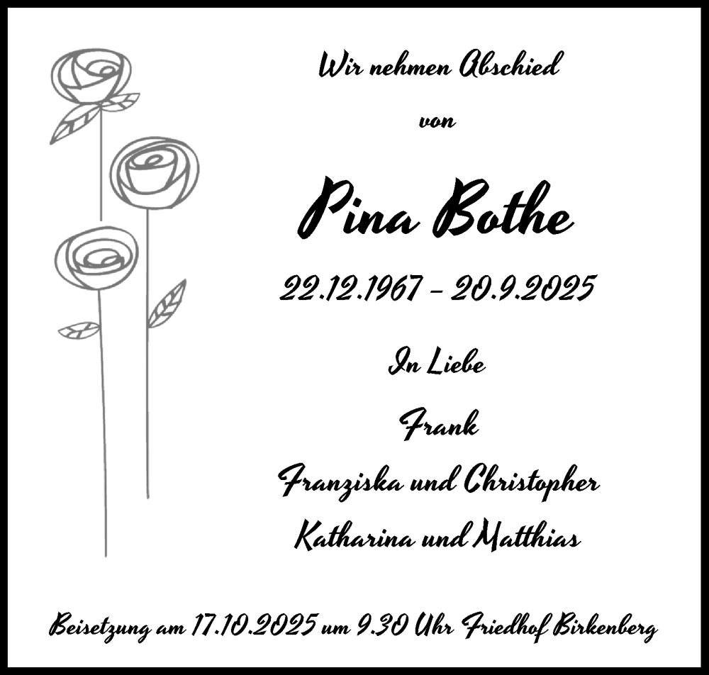  Traueranzeige für Pina Bothe vom 11.10.2025 aus Kölner Stadt-Anzeiger / Kölnische Rundschau / Express