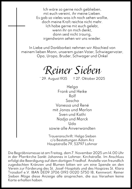 Anzeige von Reiner Sieben von Kölner Stadt-Anzeiger / Kölnische Rundschau / Express