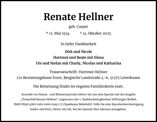Anzeige von Renate Hellner von Kölner Stadt-Anzeiger / Kölnische Rundschau / Express