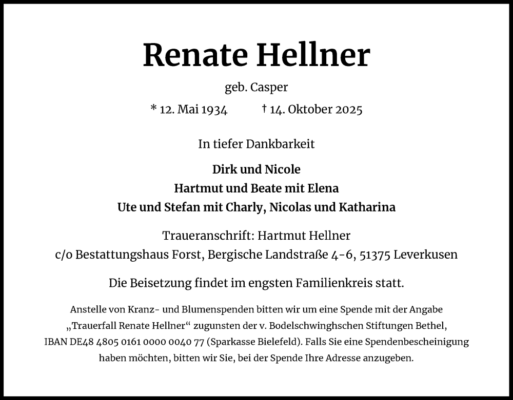  Traueranzeige für Renate Hellner vom 25.10.2025 aus Kölner Stadt-Anzeiger / Kölnische Rundschau / Express