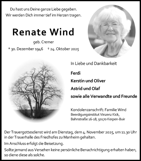Anzeige von Renate Wind von Kölner Stadt-Anzeiger / Kölnische Rundschau / Express