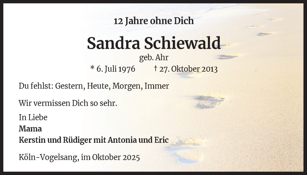  Traueranzeige für Sandra Schiewald vom 25.10.2025 aus Kölner Stadt-Anzeiger / Kölnische Rundschau / Express