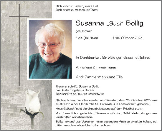 Anzeige von Susanna Bollig von Kölner Stadt-Anzeiger / Kölnische Rundschau / Express