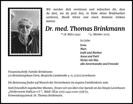Anzeige von Thomas Brinkmann von Kölner Stadt-Anzeiger / Kölnische Rundschau / Express