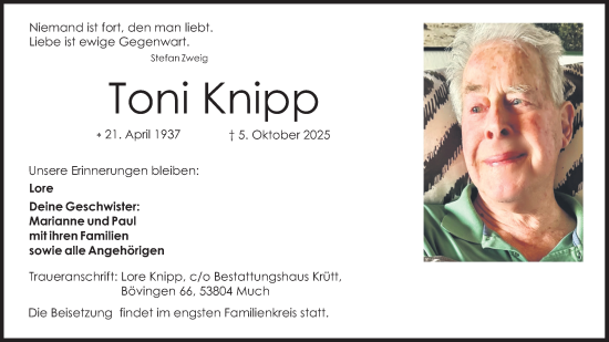 Anzeige von Toni Knipp von Kölner Stadt-Anzeiger / Kölnische Rundschau / Express