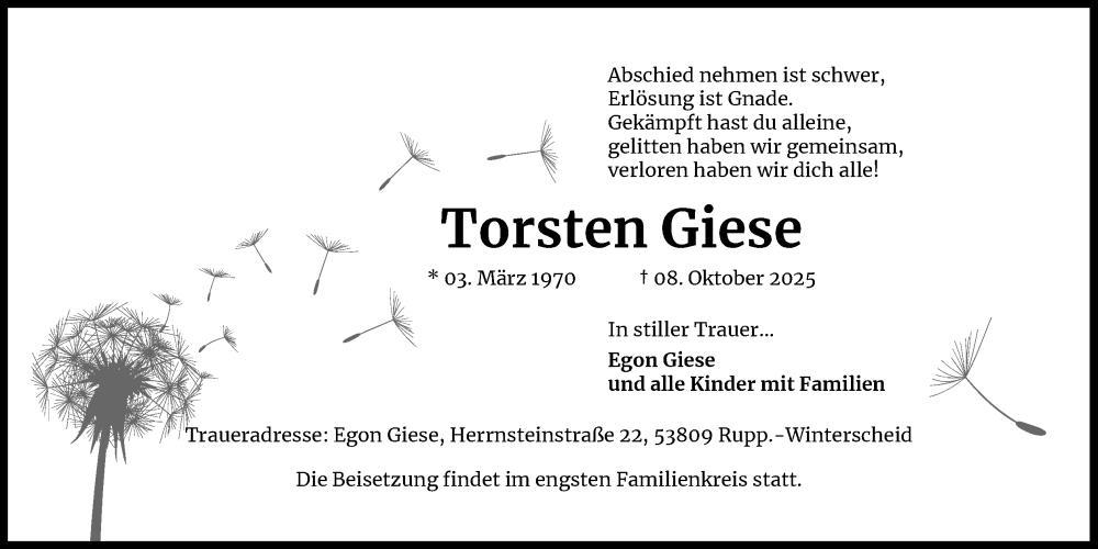  Traueranzeige für Torsten Giese vom 17.10.2025 aus Kölner Stadt-Anzeiger / Kölnische Rundschau / Express
