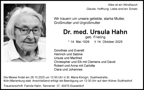 Anzeige von Ursula Hahn von Kölner Stadt-Anzeiger / Kölnische Rundschau / Express