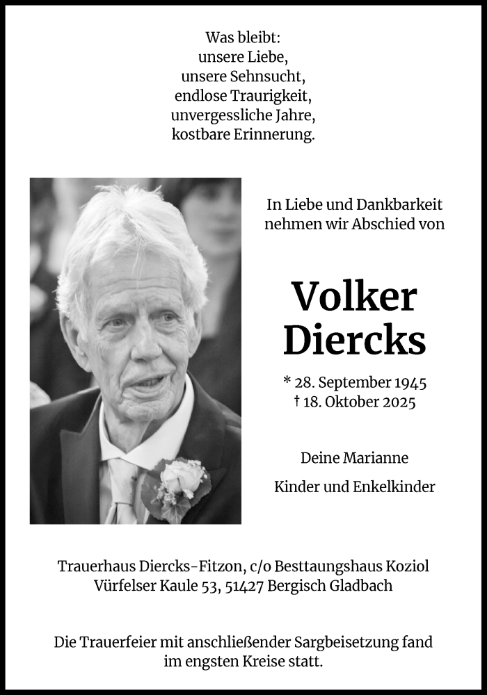  Traueranzeige für Volker Diercks vom 01.11.2025 aus Kölner Stadt-Anzeiger / Kölnische Rundschau / Express