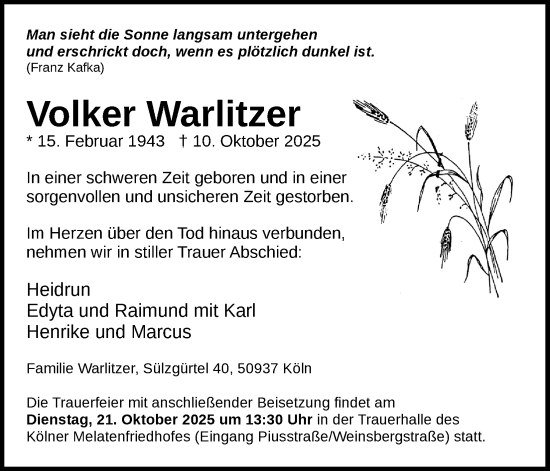 Anzeige von Volker Warlitzer von Kölner Stadt-Anzeiger / Kölnische Rundschau / Express