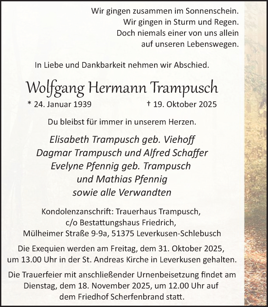  Traueranzeige für Wolfgang Hermann Trampusch vom 25.10.2025 aus Kölner Stadt-Anzeiger / Kölnische Rundschau / Express