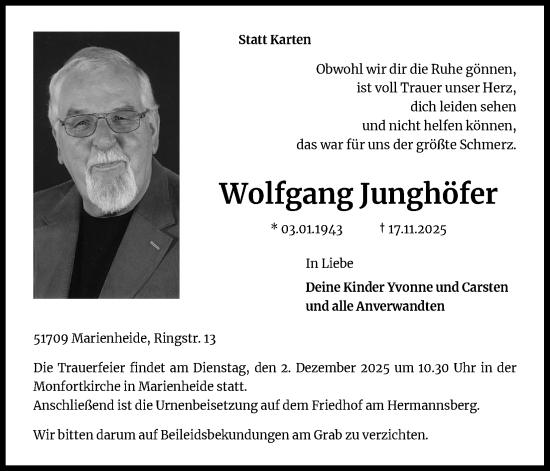 Anzeige von Wolfgang Junghöfer von Kölner Stadt-Anzeiger / Kölnische Rundschau / Express