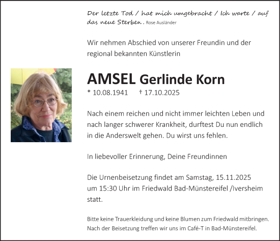 Anzeige von Amsel Gerlinde Korn von  Blickpunkt Euskirchen 