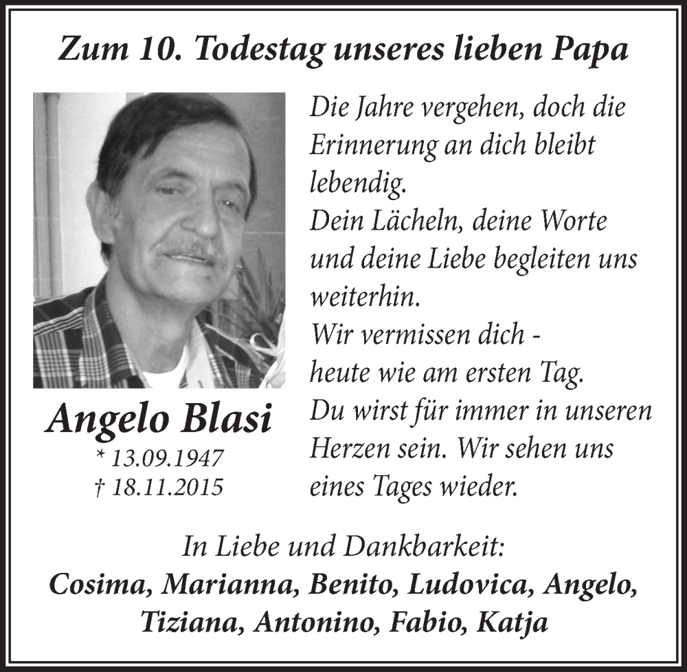  Traueranzeige für Angelo Blasi vom 21.11.2025 aus  Werbepost 