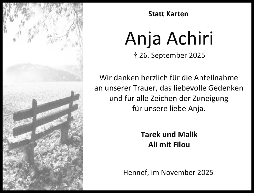  Traueranzeige für Anja Achiri vom 29.11.2025 aus Kölner Stadt-Anzeiger / Kölnische Rundschau / Express