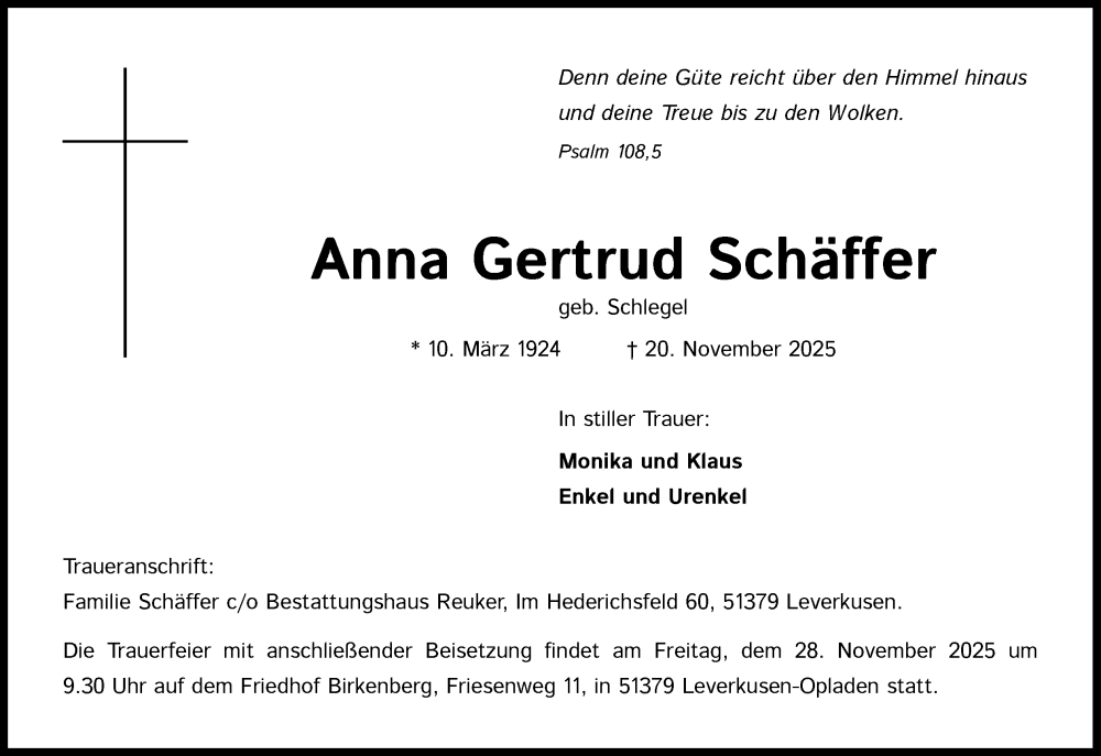  Traueranzeige für Anna Gertrud Schäffer vom 26.11.2025 aus Kölner Stadt-Anzeiger / Kölnische Rundschau / Express