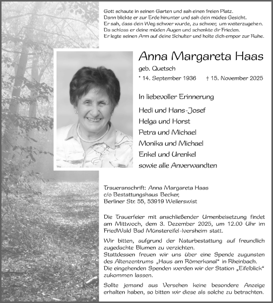 Anzeige von Anna Margareta Haas von  Blickpunkt Euskirchen 