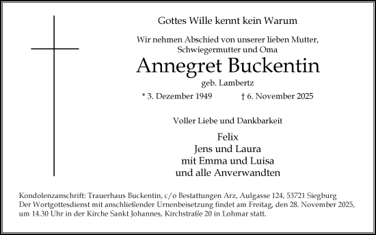 Anzeige von Annegret Buckentin von Kölner Stadt-Anzeiger / Kölnische Rundschau / Express