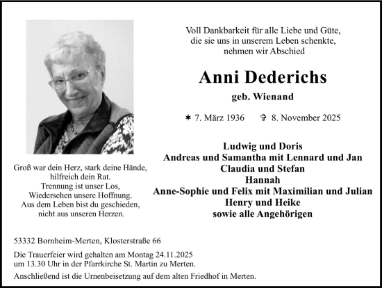 Anzeige von Anni Dederichs von  Schaufenster/Blickpunkt 