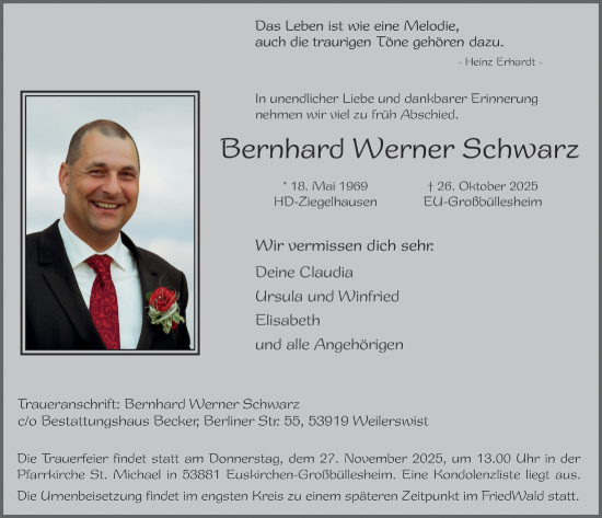 Anzeige von Bernhard Werner Schwarz von  Blickpunkt Euskirchen 